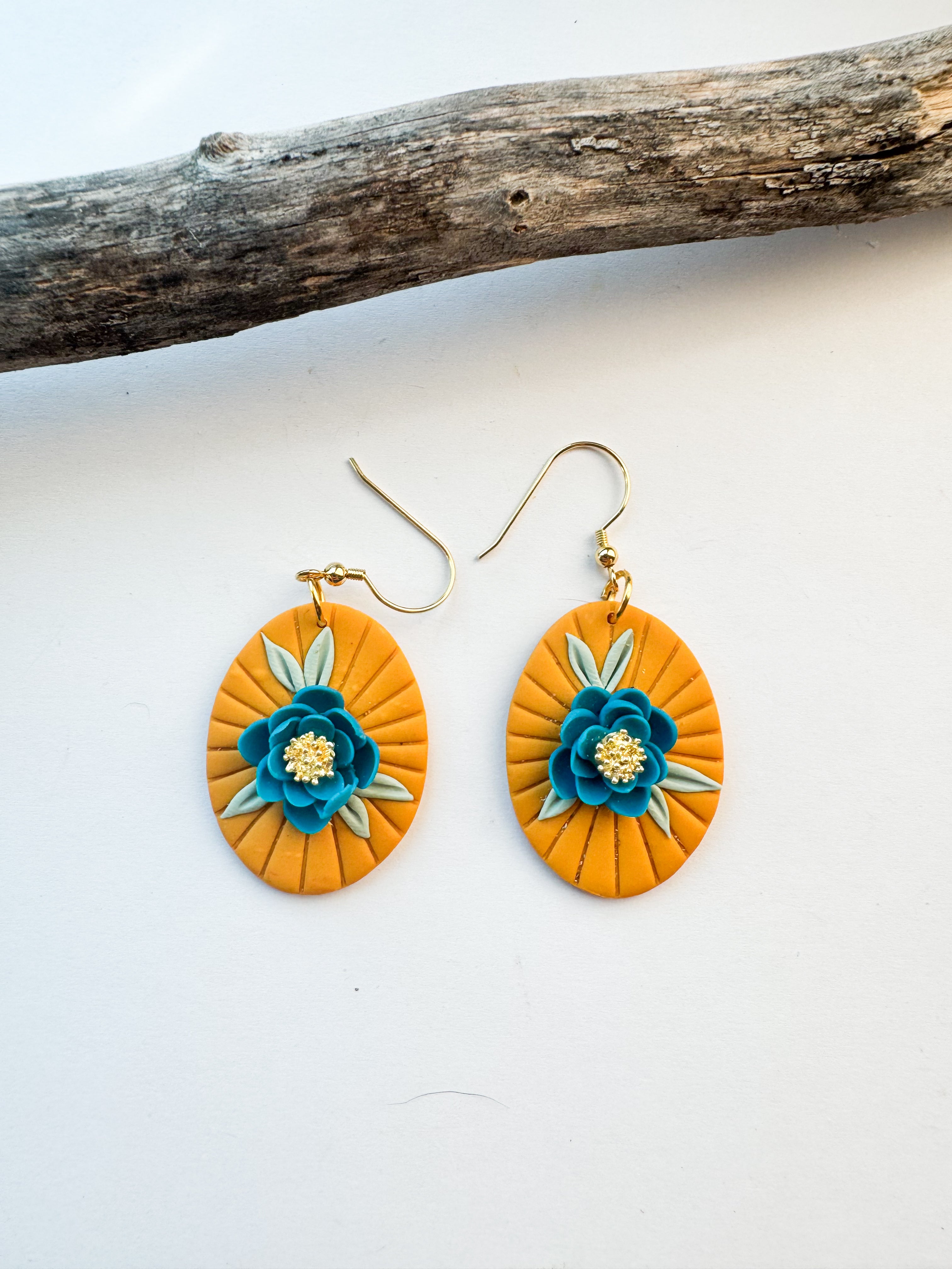 Mustard Oval with Teal Floral Accent Earrings