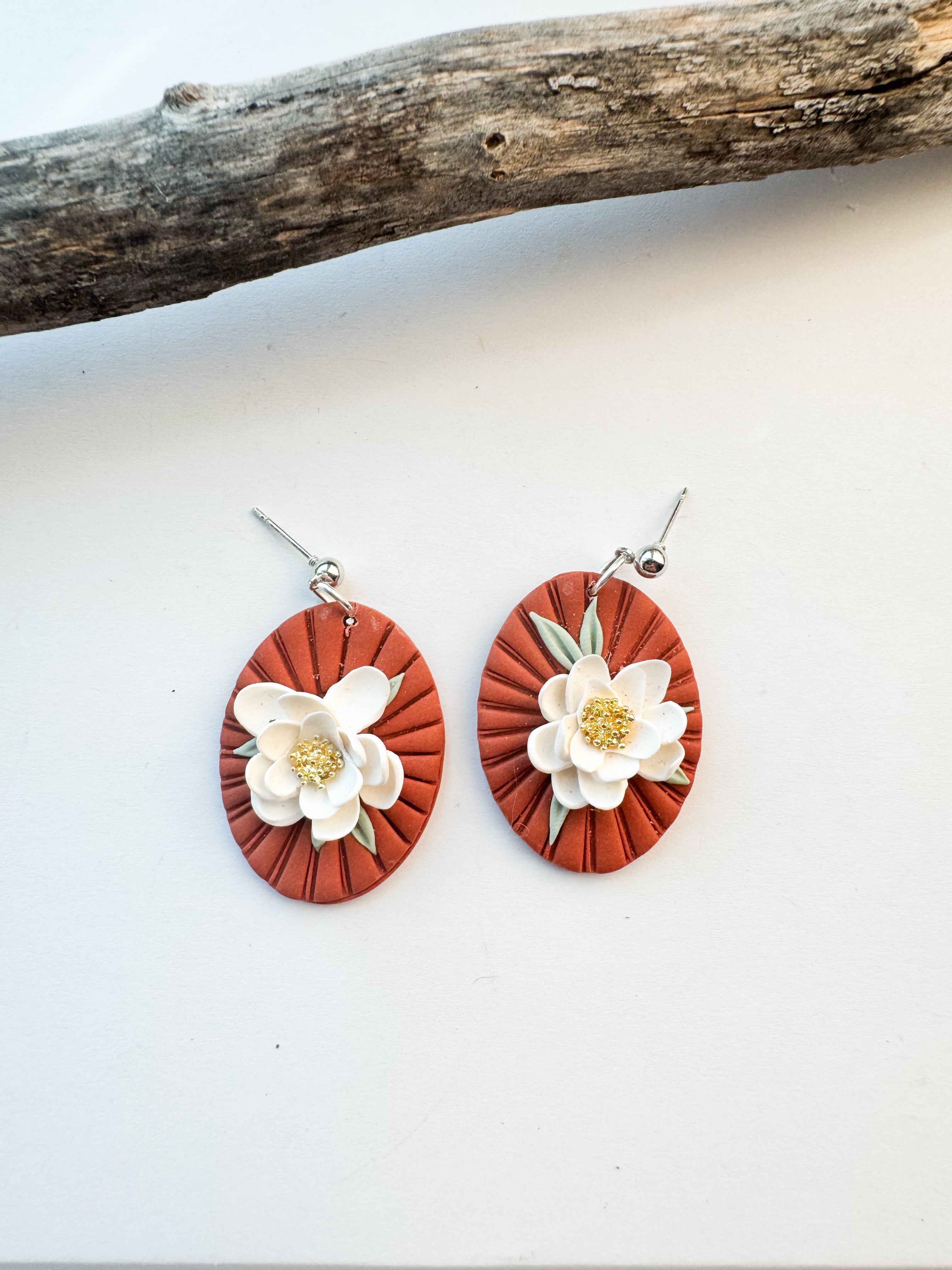 Terracotta Oval with White Floral Accent Earrings