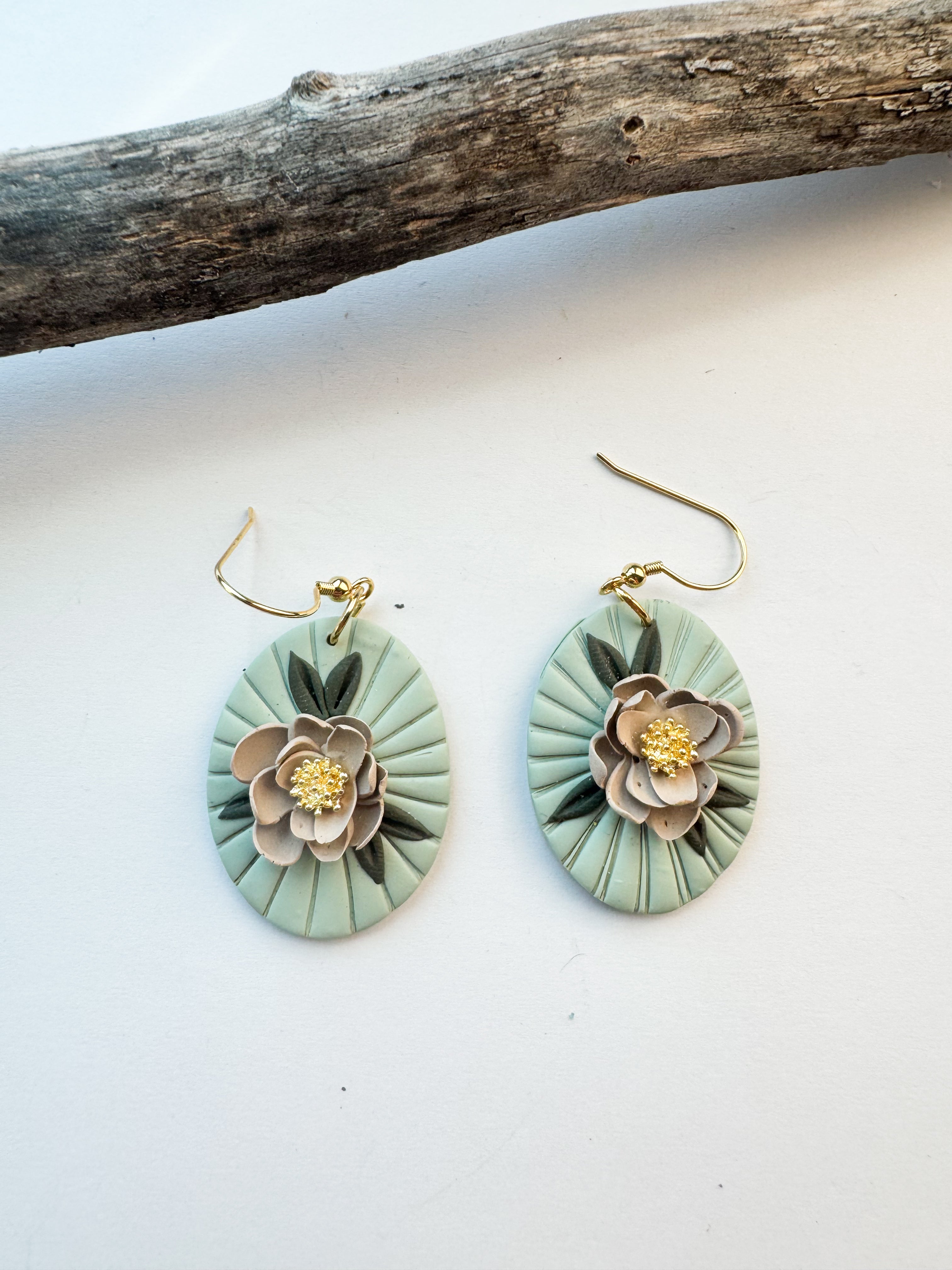 Sage Oval with Neutral Floral Accent Earrings