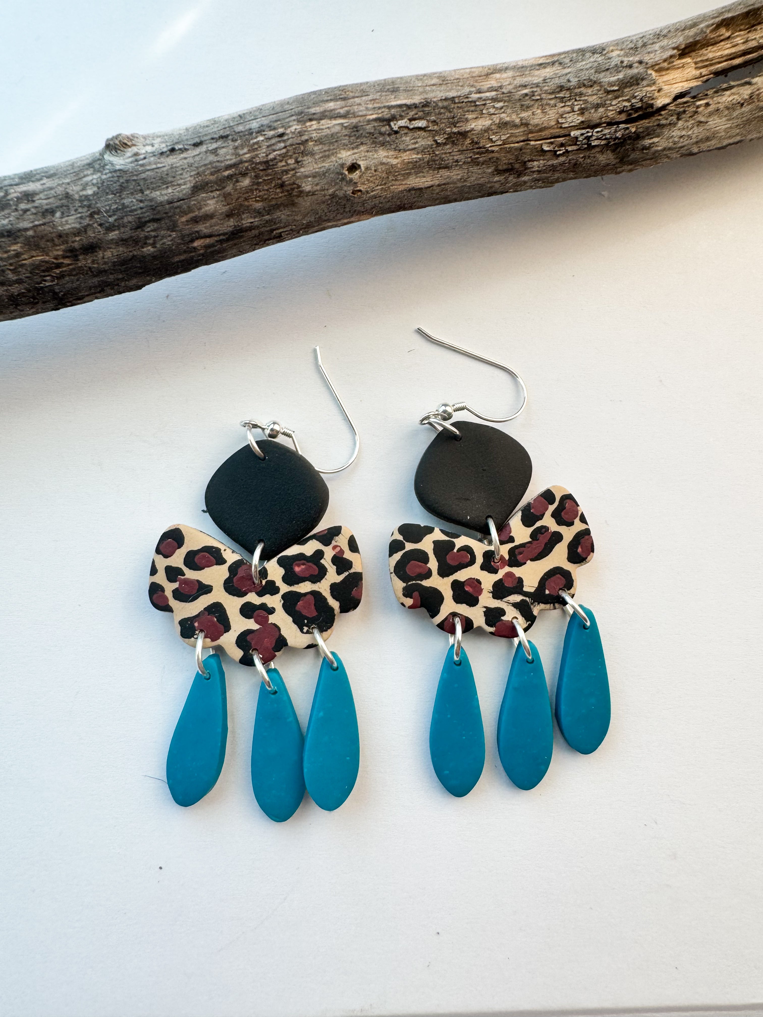 Leopard and Teal Fringe Earrings