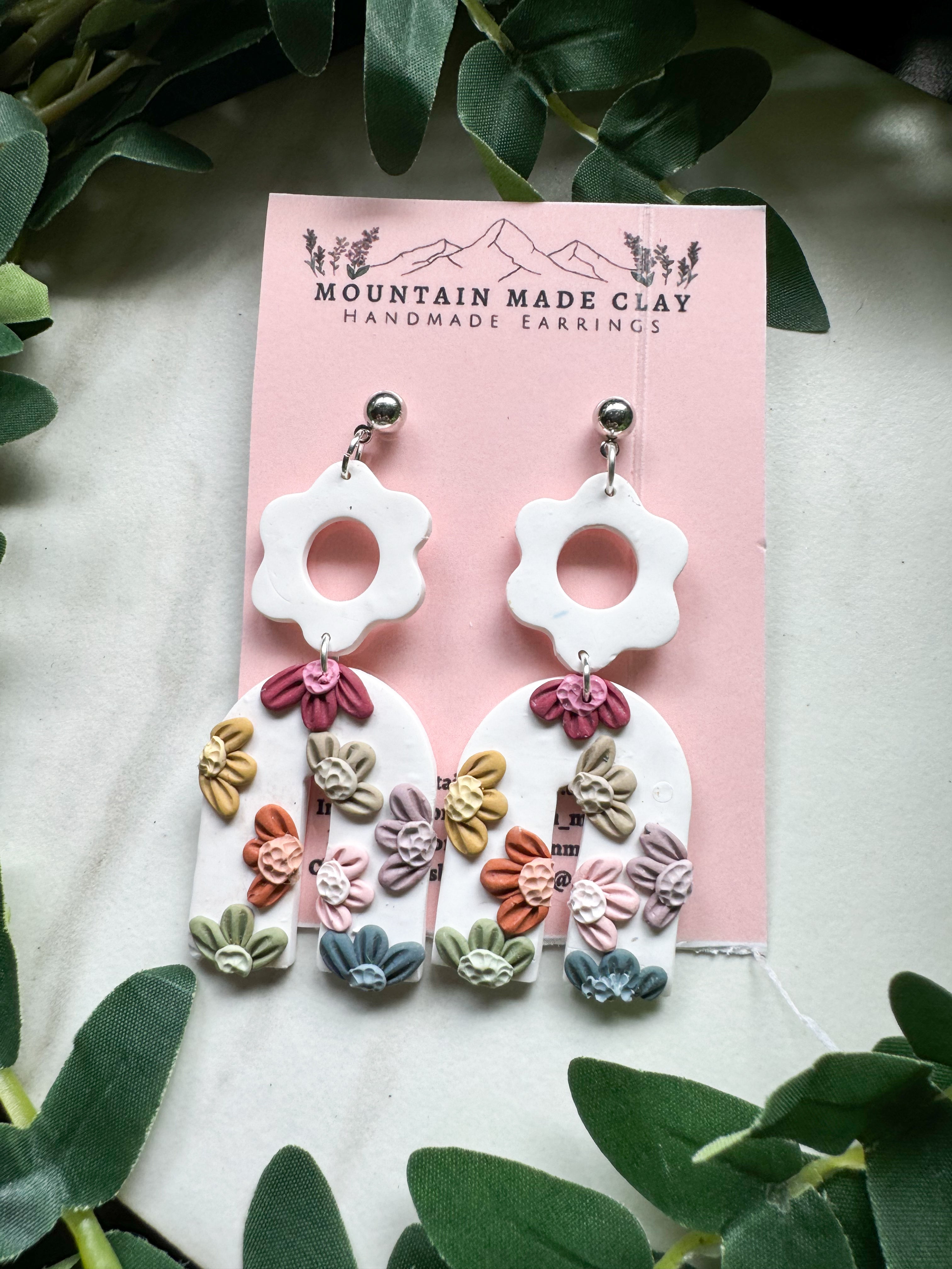 Dark Neutral Flower Arch Clay Earrings