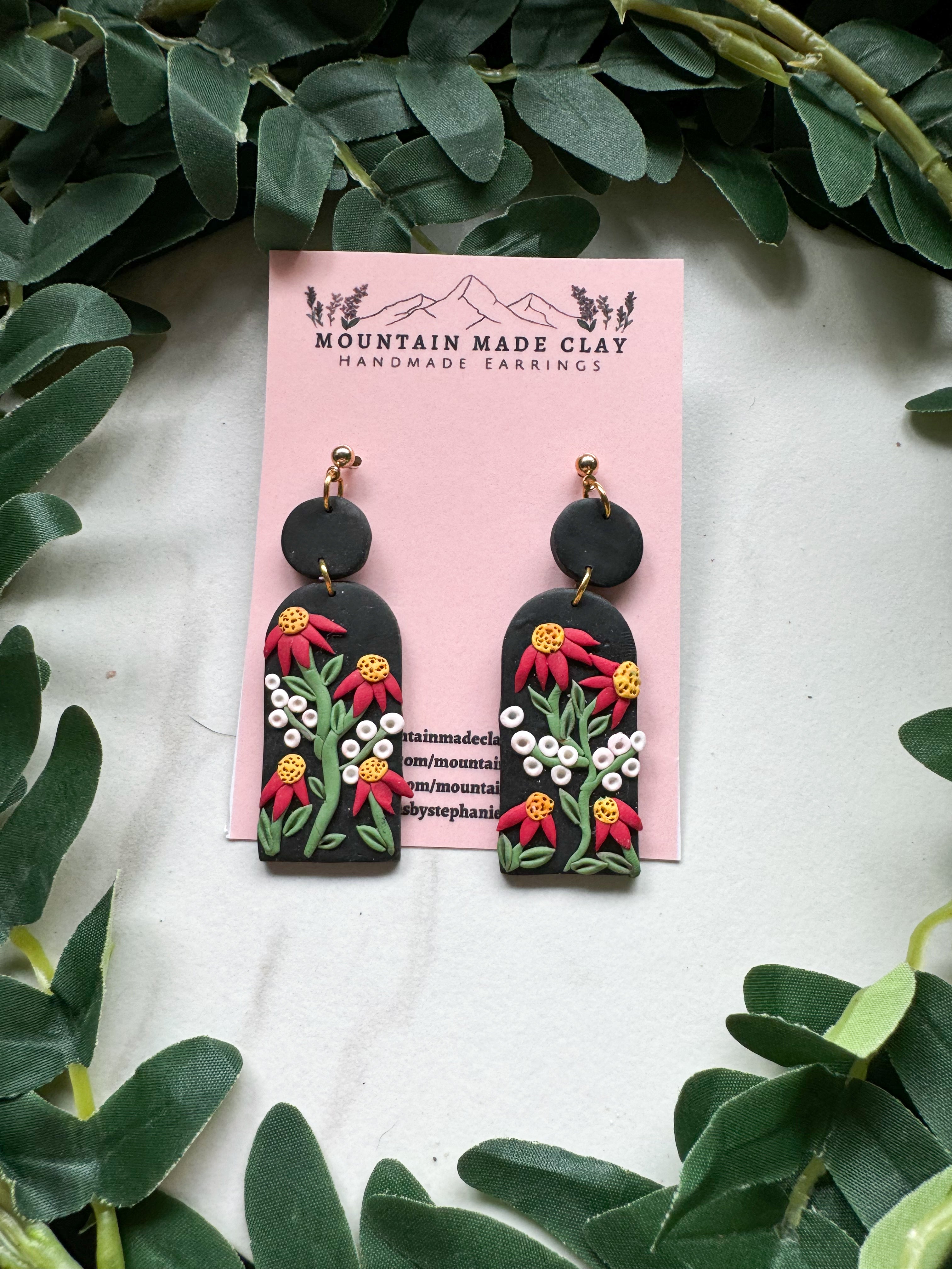 Red Floral Clay Earrings