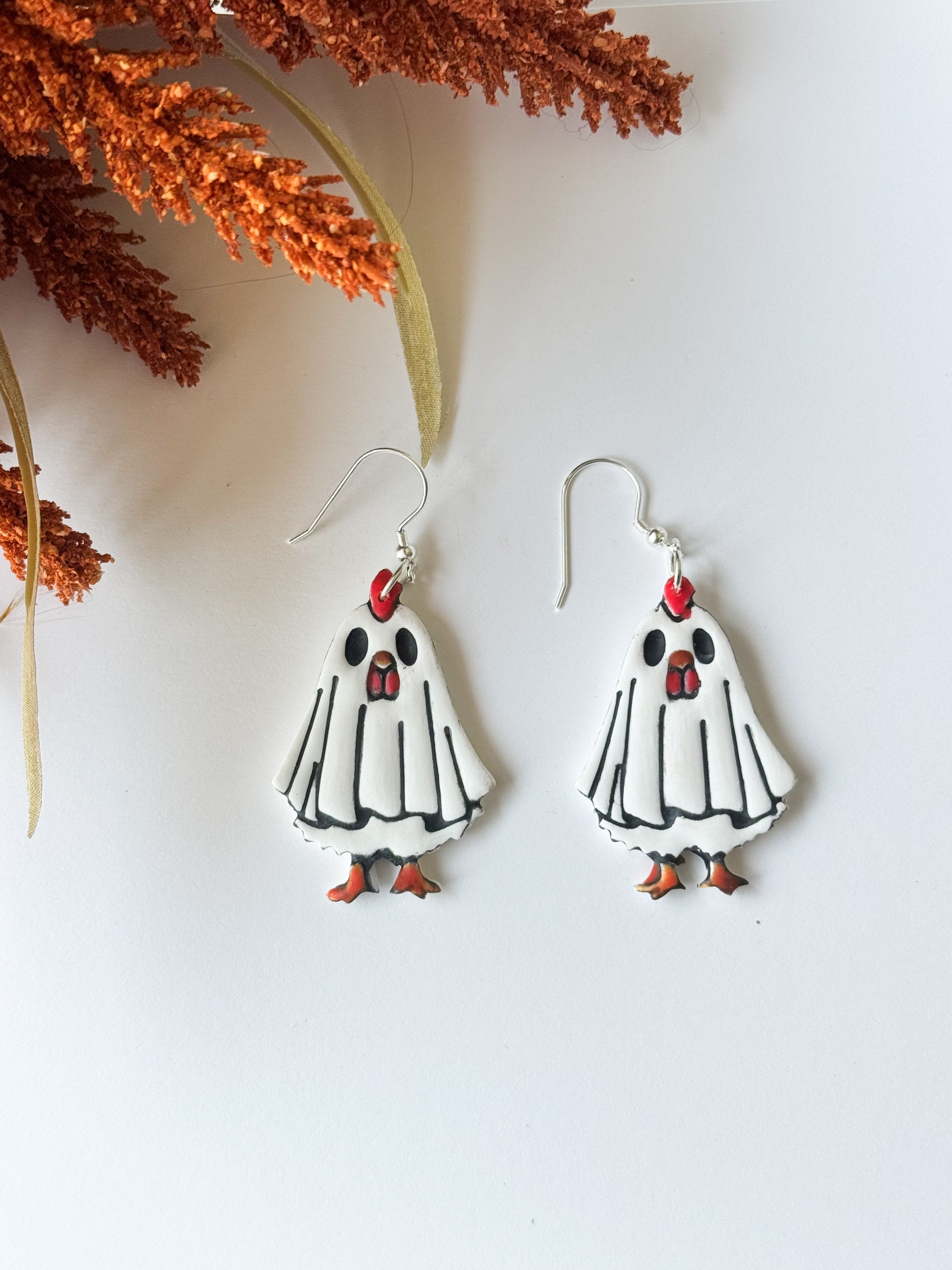 Chicken Ghost Clay Earrings: Halloween