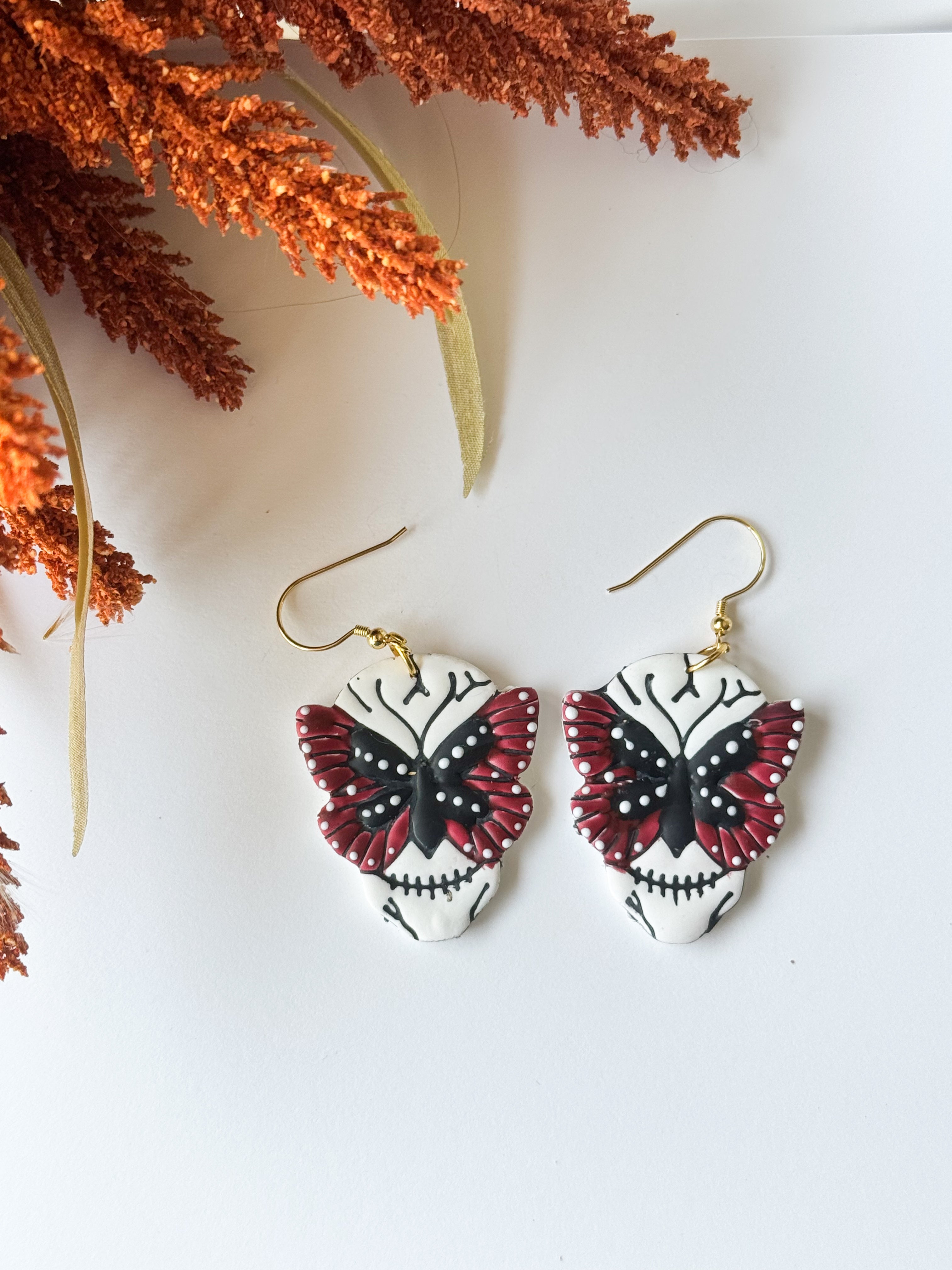 Butterfly Skull Clay Earrings: Halloween