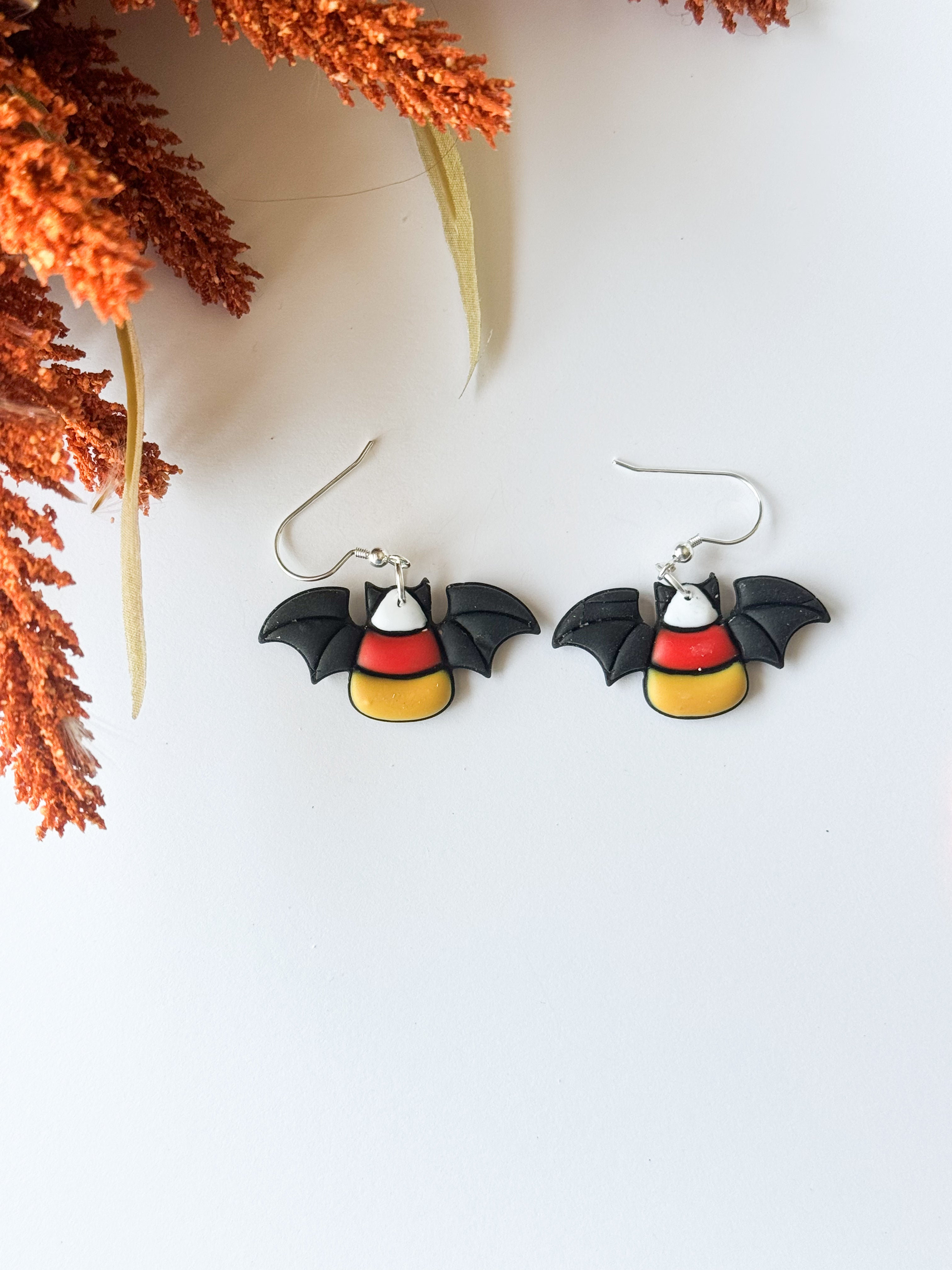 Candy Corn Bat Earrings: Handmade Clay Earrings