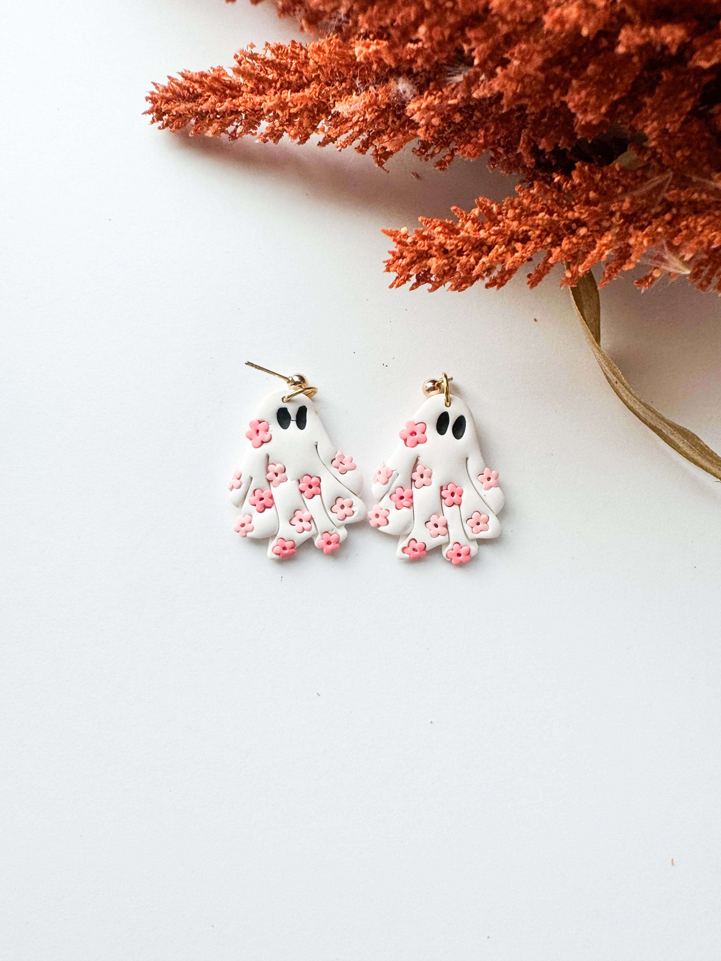 Pink Flower Ghost Earrings