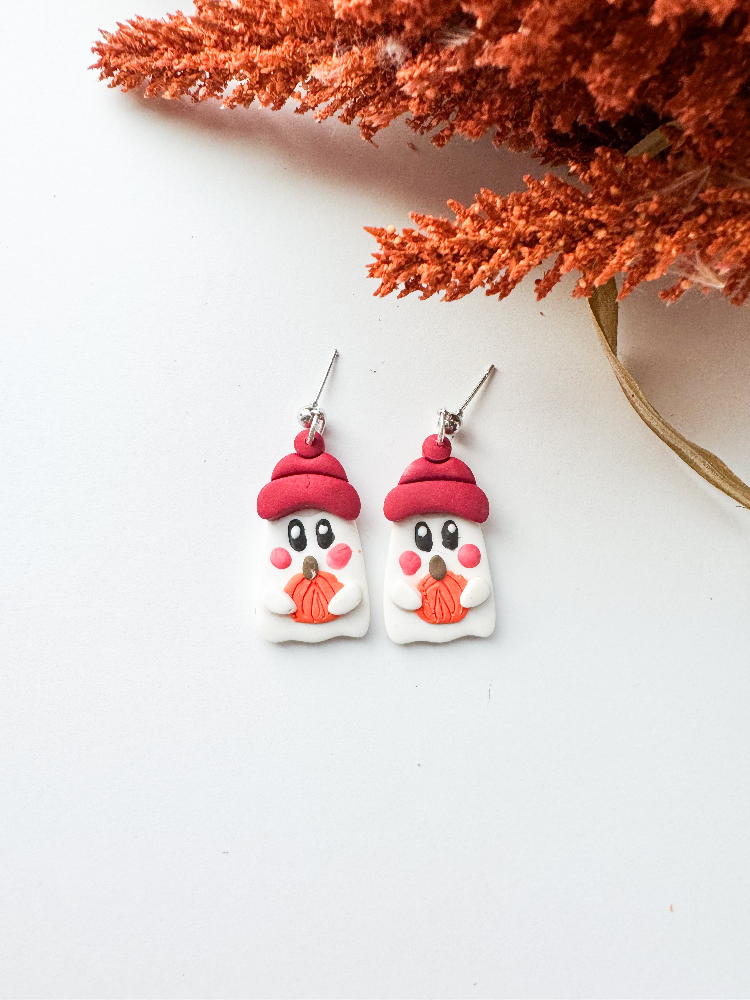 Beanie Ghost With Pumpkin Earrings