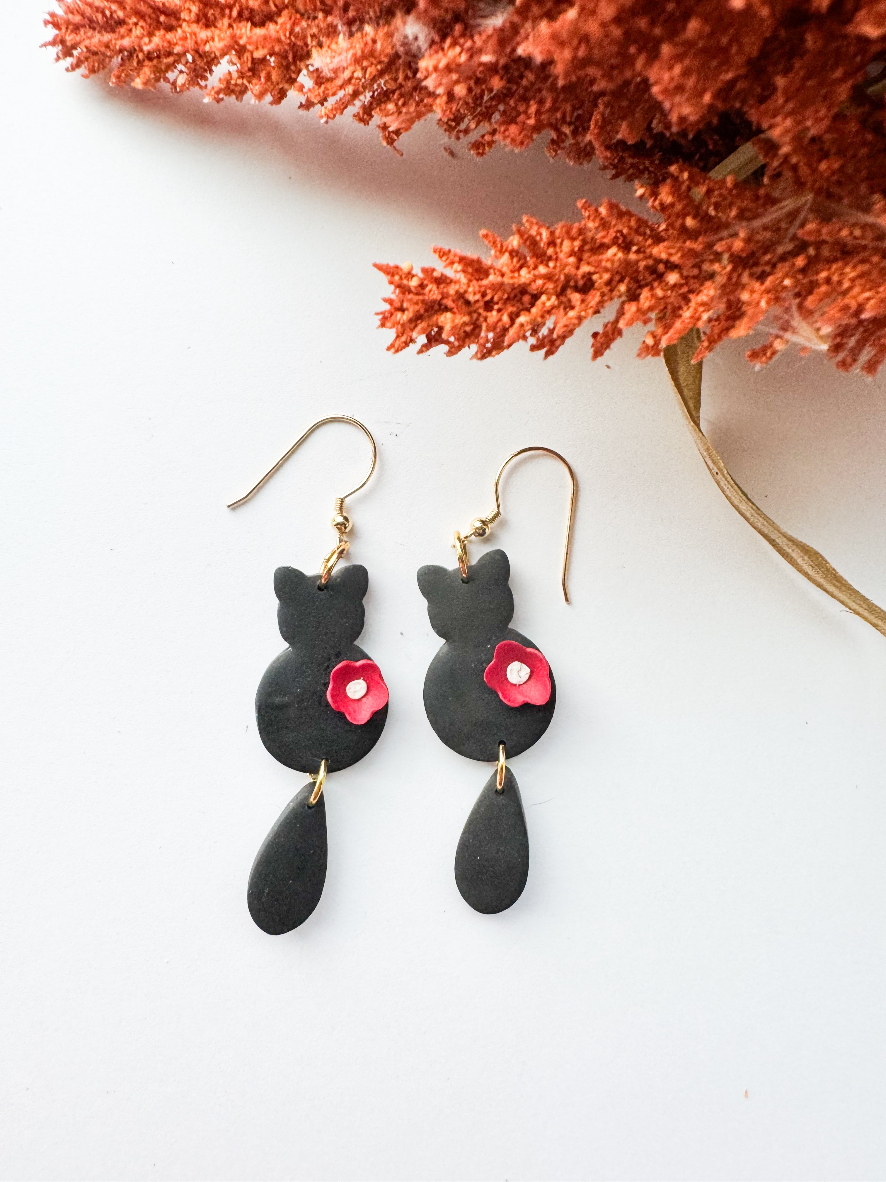 Black Cat with Red Flower Earrings