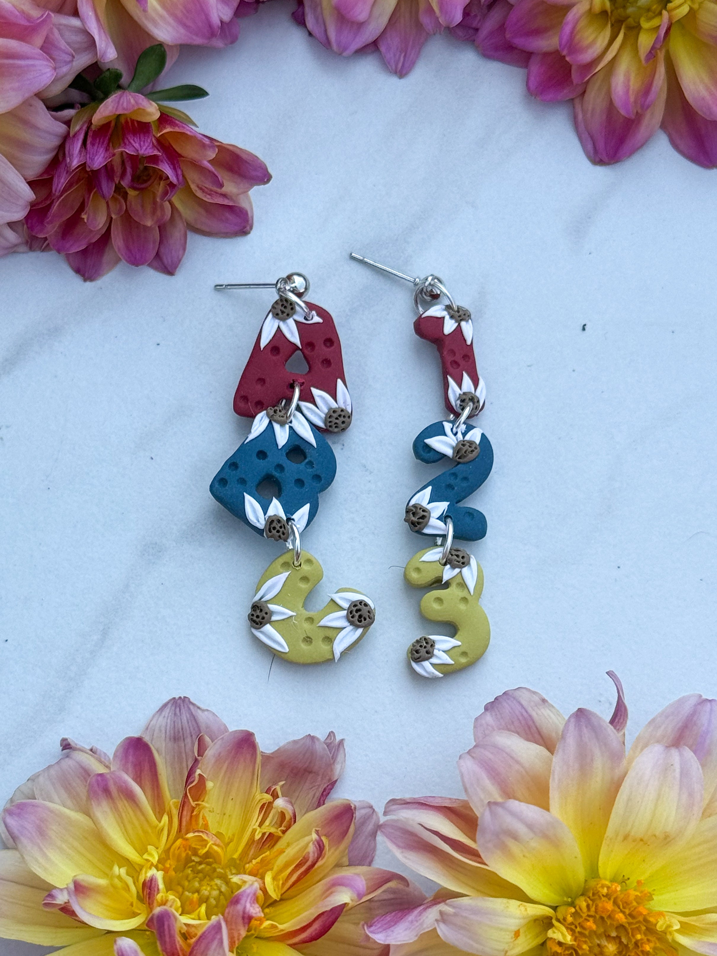 ABC 123 Floral Clay Earrings