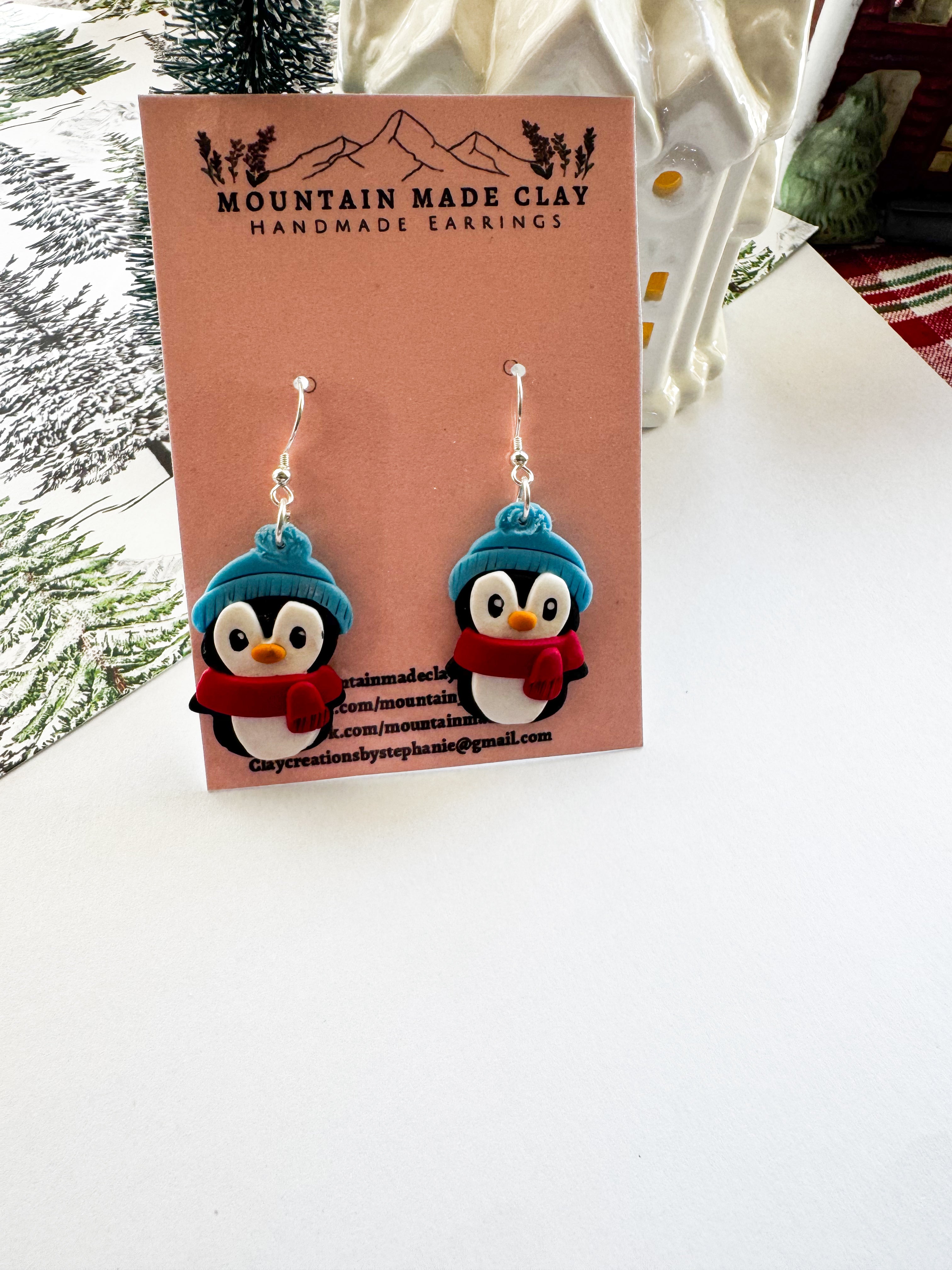 Penguin Christmas Earrings | Winter Penguin Dangles | Holiday Clay Earrings