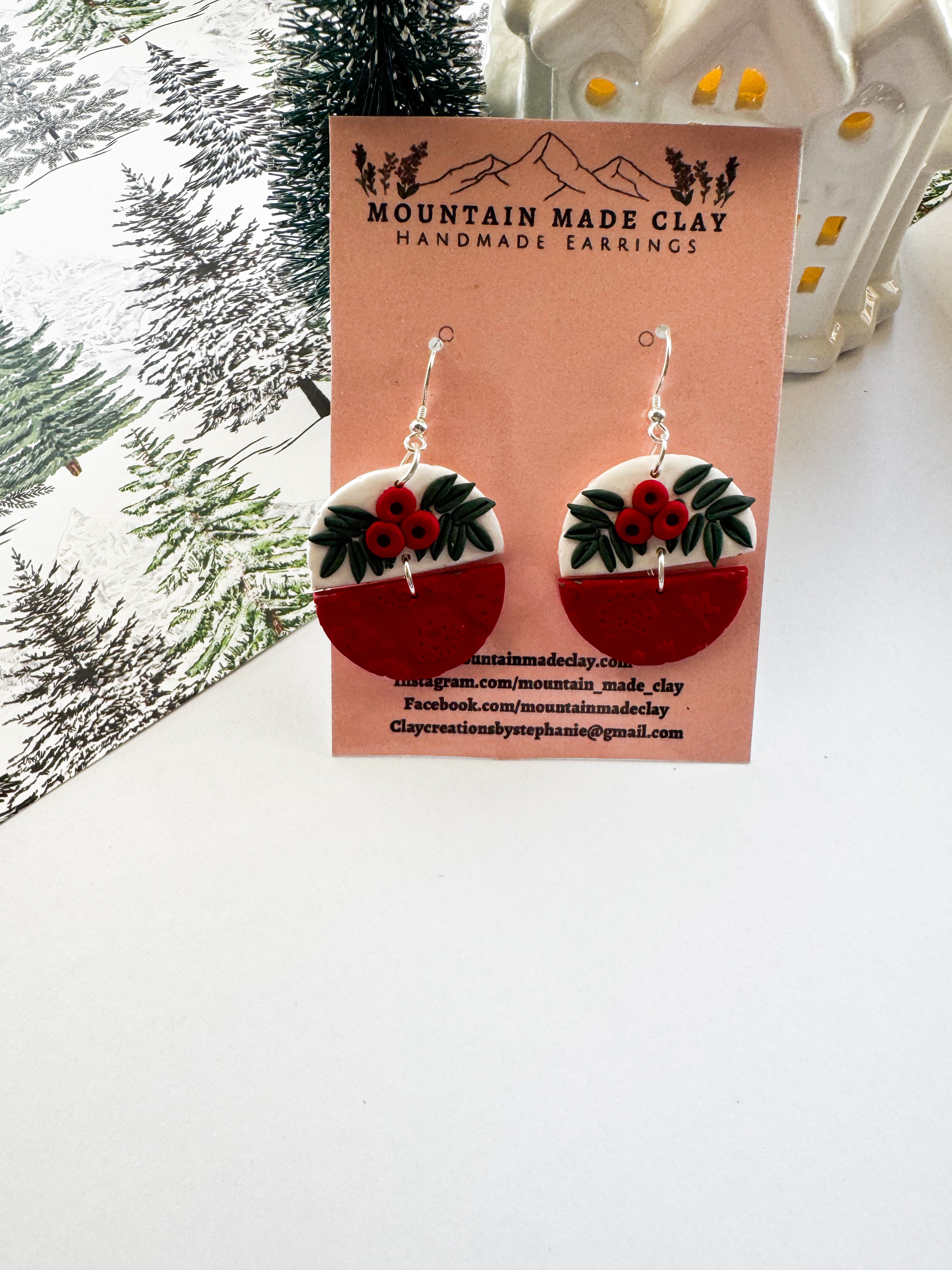 Half Moon Holly Earrings | Christmas Floral Dangles | Winter Berry Polymer Clay Earrings