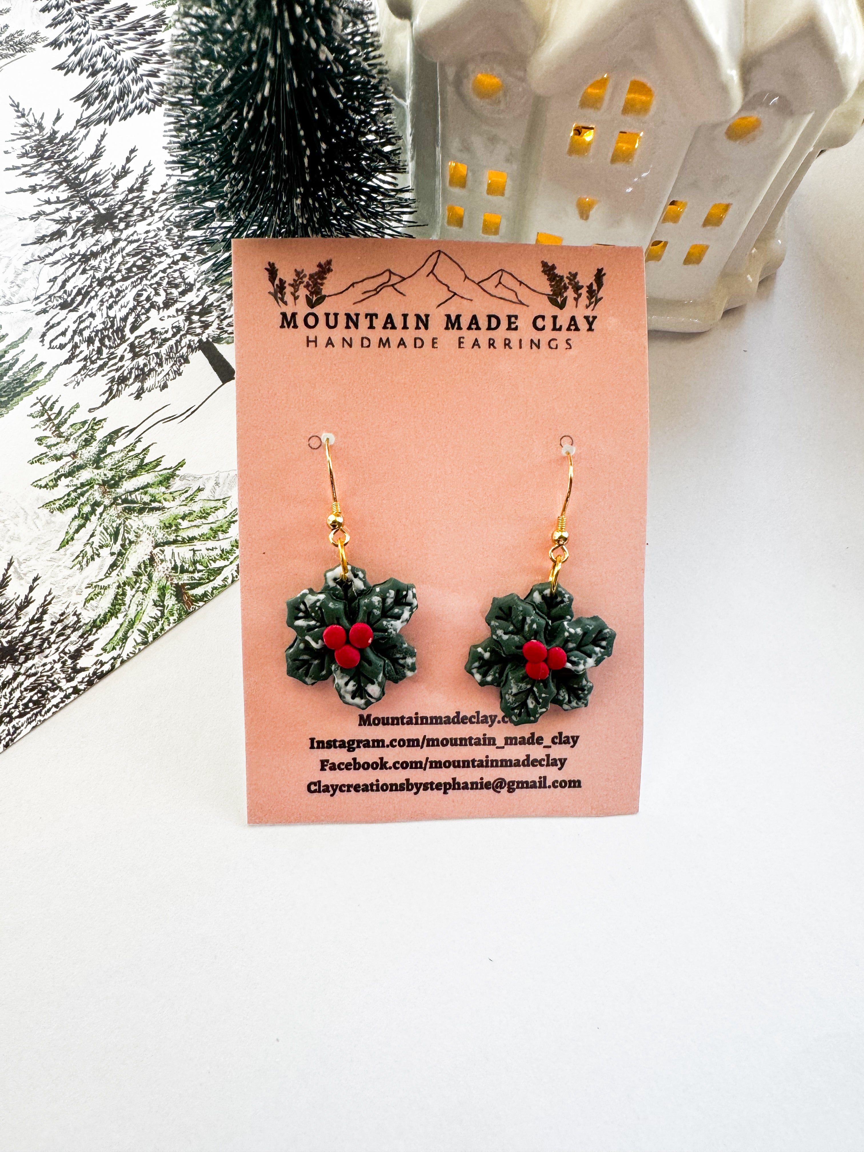 Holly Berry Dangle Earrings | Christmas Evergreen Dangles | Handmade Holiday Polymer Clay Jewelry