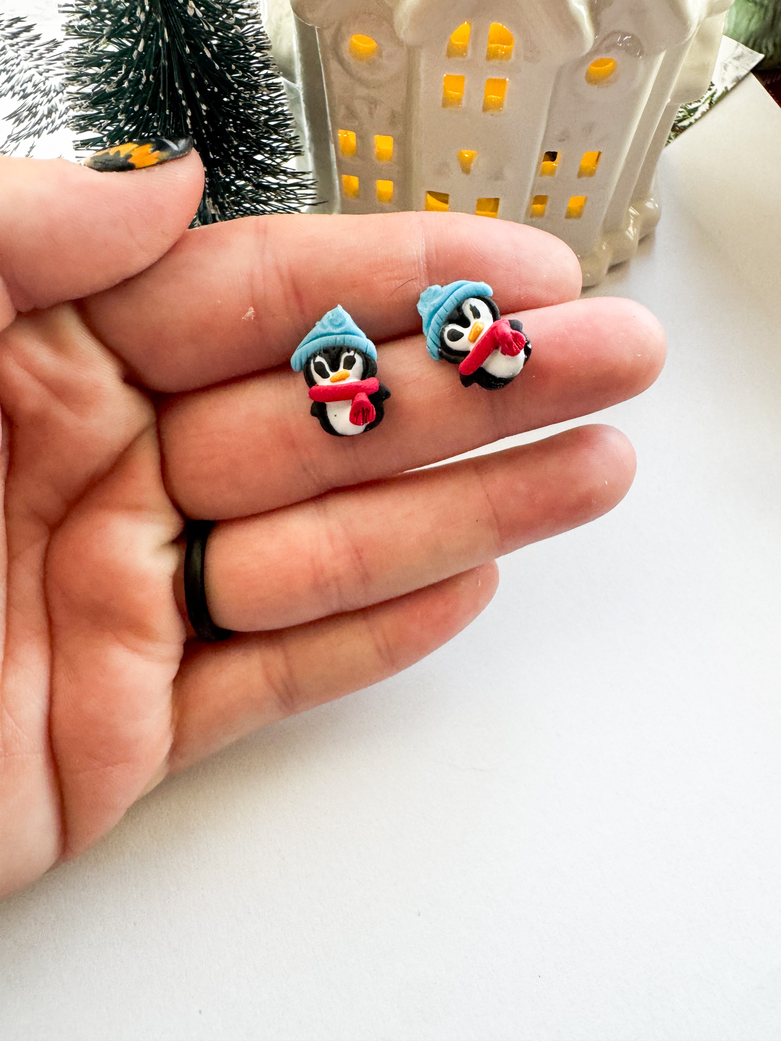 Penguin Christmas Stud Earrings | Winter Cute Animal Studs | Polymer Clay Holiday Earrings