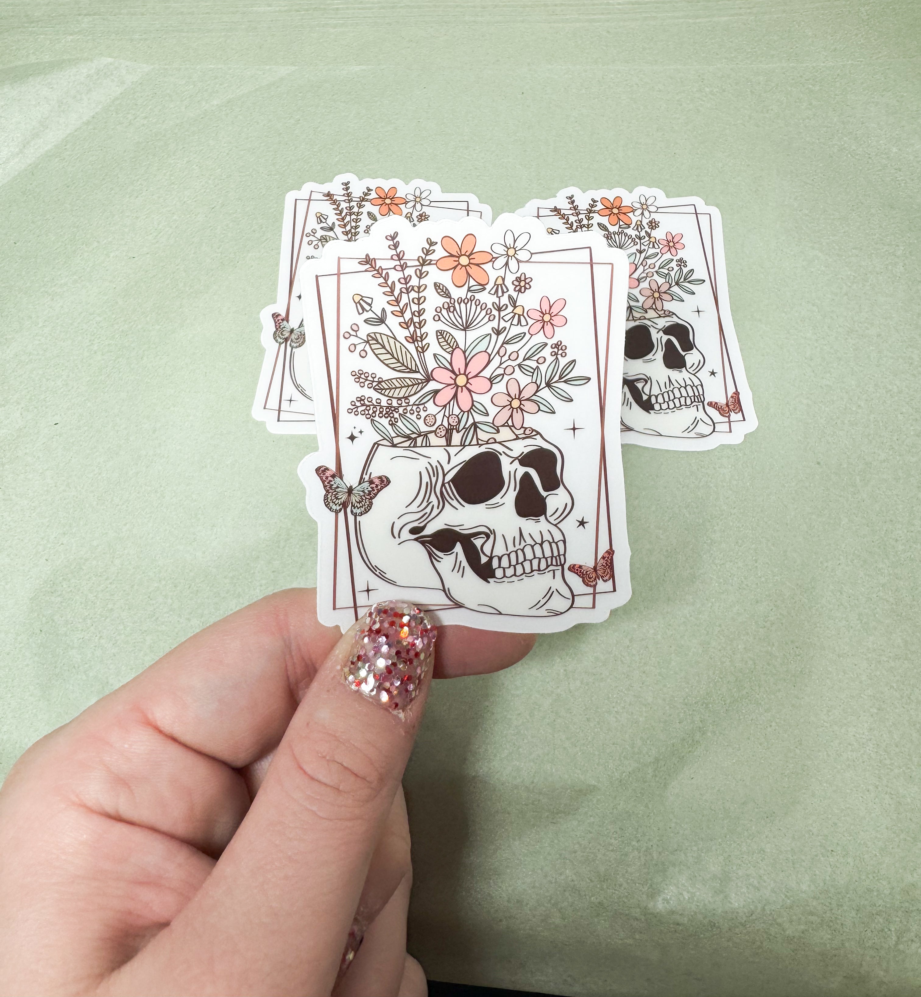 Floral Skull Clear Vinyl Sticker