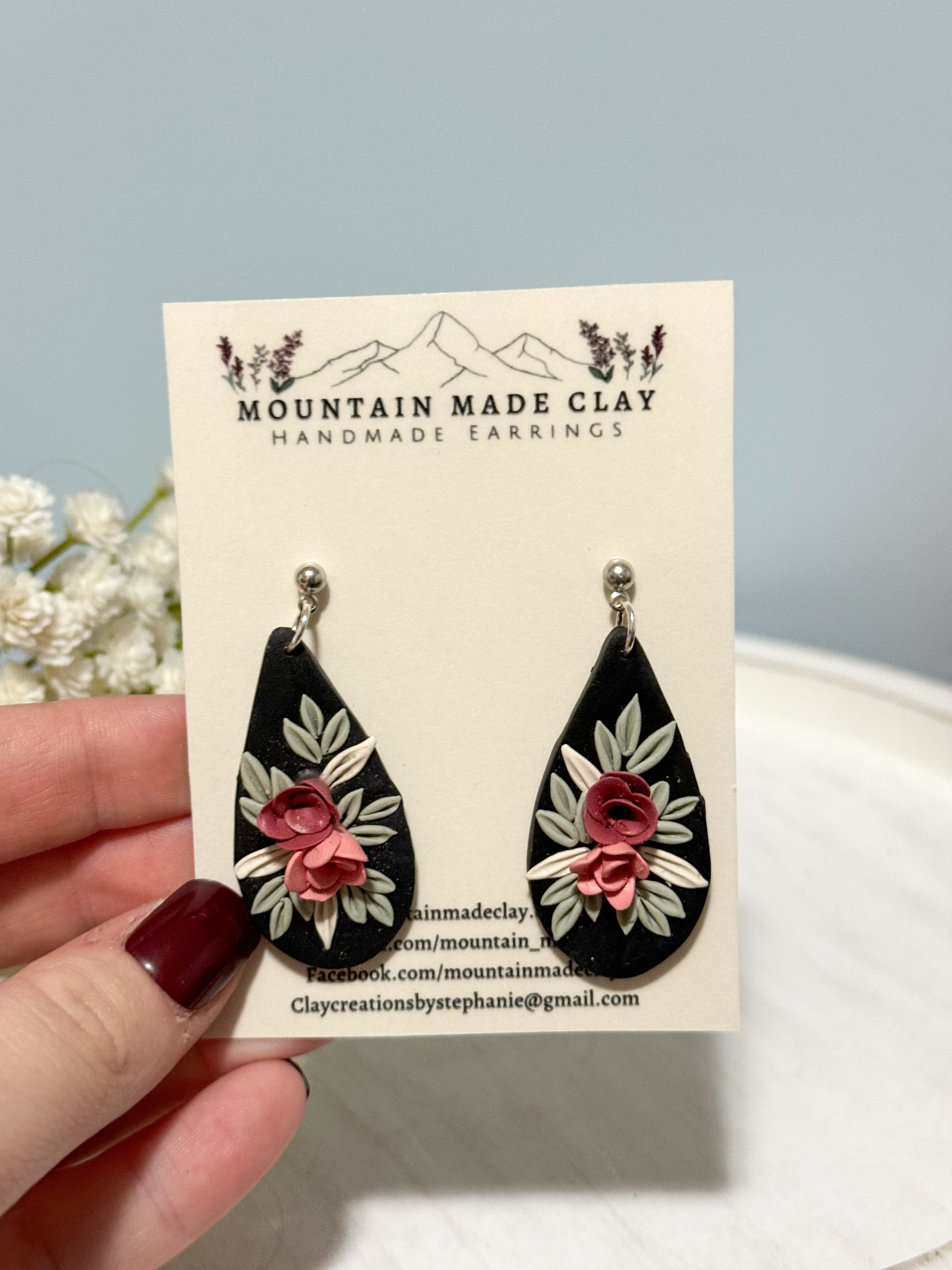 Black Teardrop Floral Clay Earrings